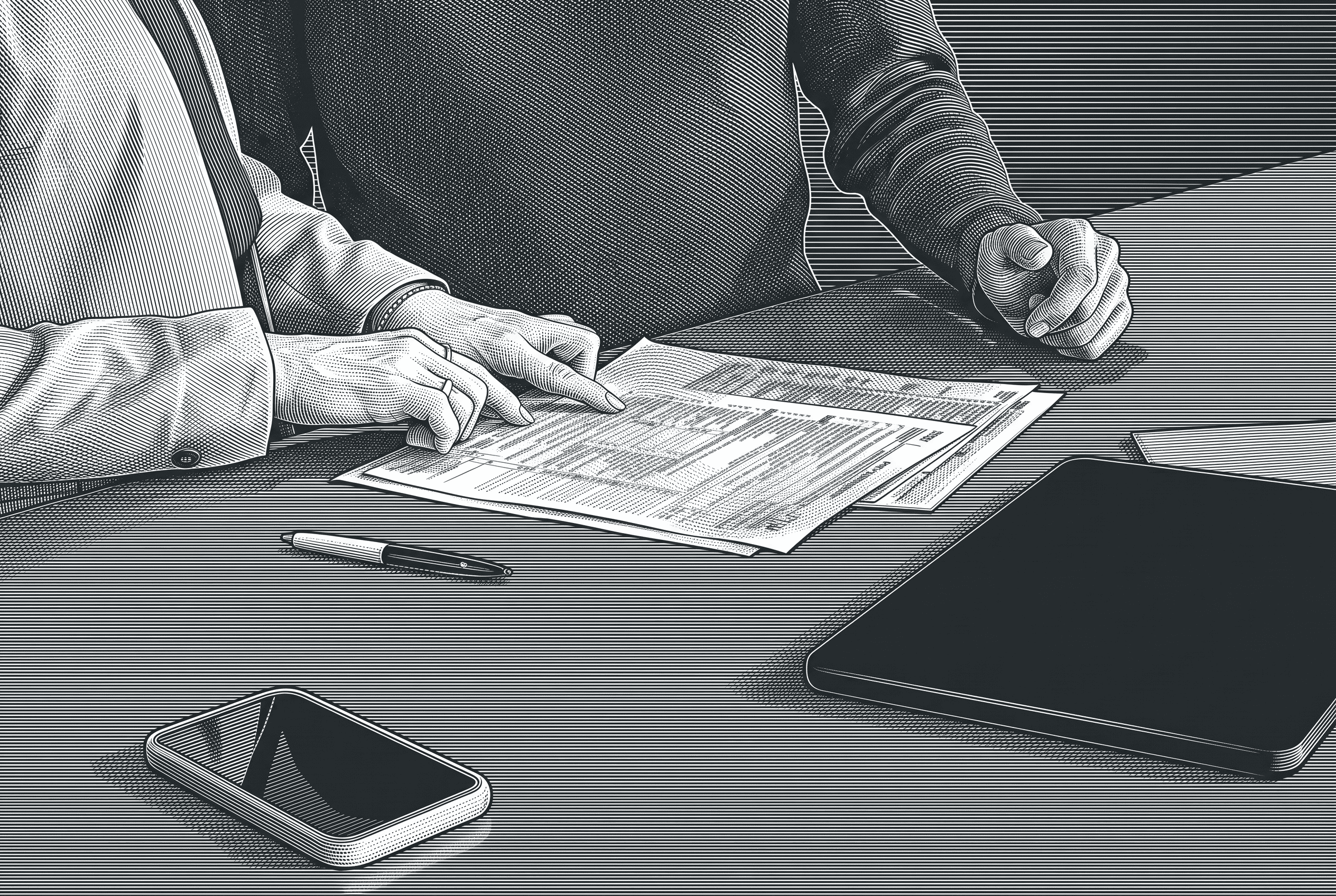 Two people at a conference table reviewing a completed tax form together, one pointing to a line on the page