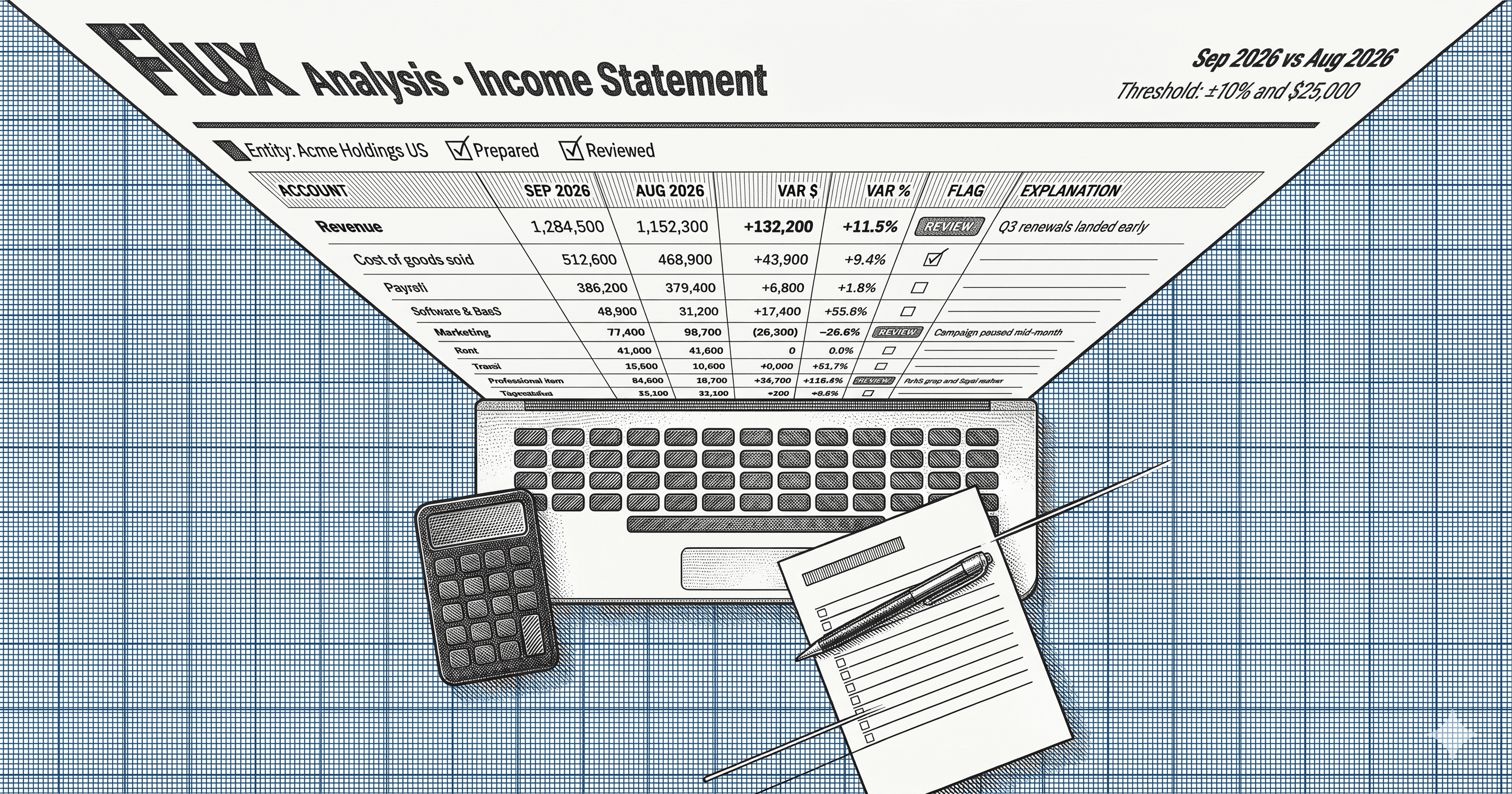 A controller reviewing a flagged account-by-account comparison of two month-end trial balances on a laptop