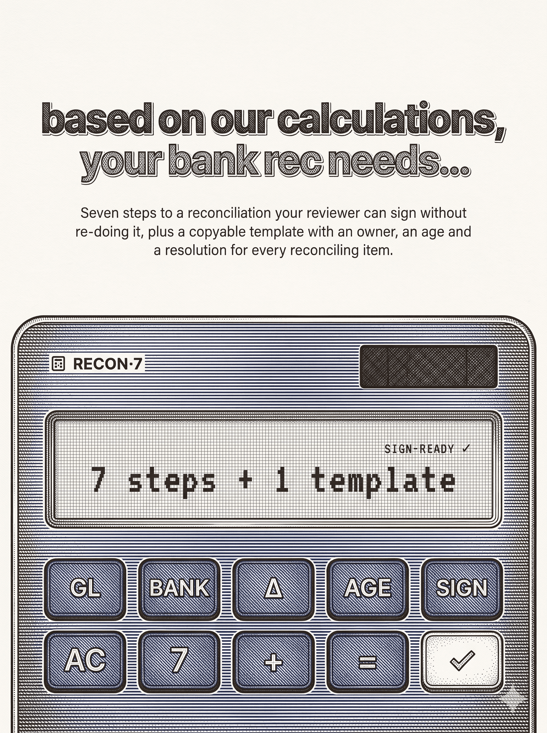 A controller comparing a bank statement to a general ledger report on two monitors, with a reconciliation worksheet open between them