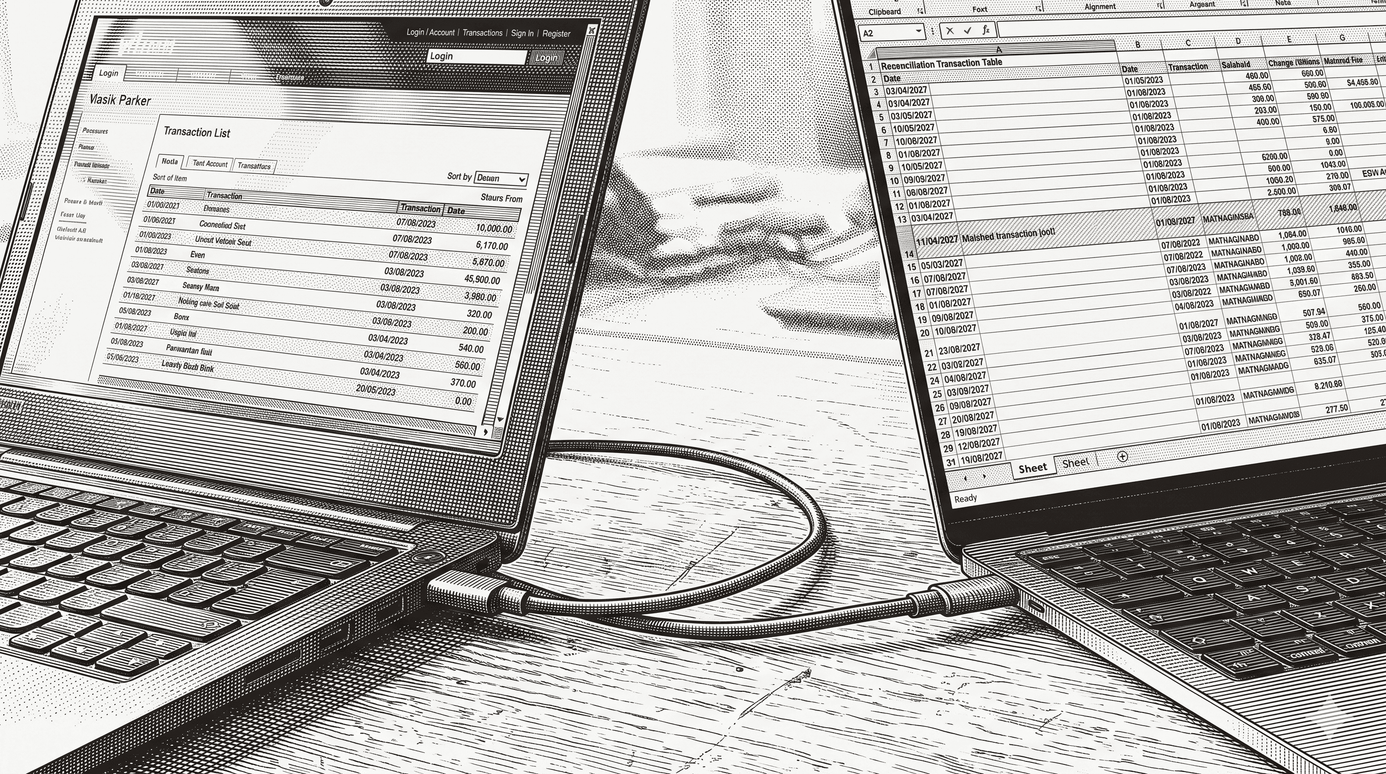 A controller reviewing a close calendar on a laptop, with stacks of paper statements fading into a digital workflow behind the desk