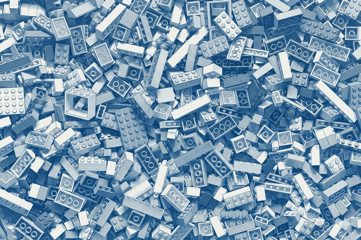 A pile of blue toy building bricks